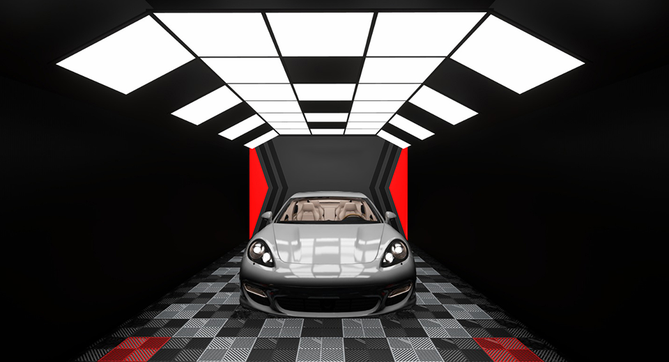 Advanced ceiling-mounted detailing light setup with modular panels for full car body illumination
