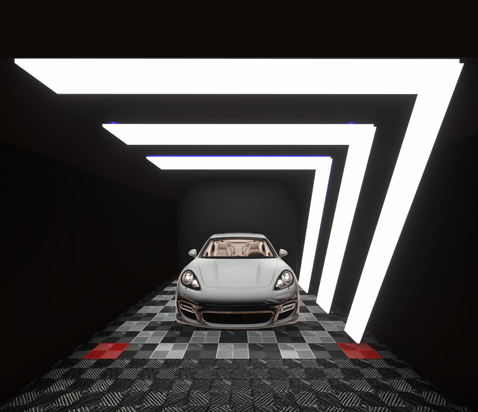 LED detailing light panel with suspended configuration inside automotive service studio