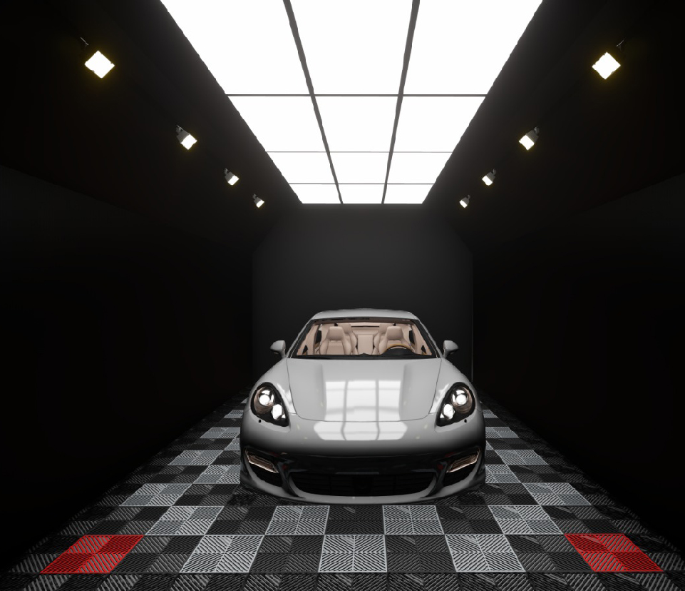 Wall-mounted vertical LED strips providing edge lighting in a modern car detailing bay