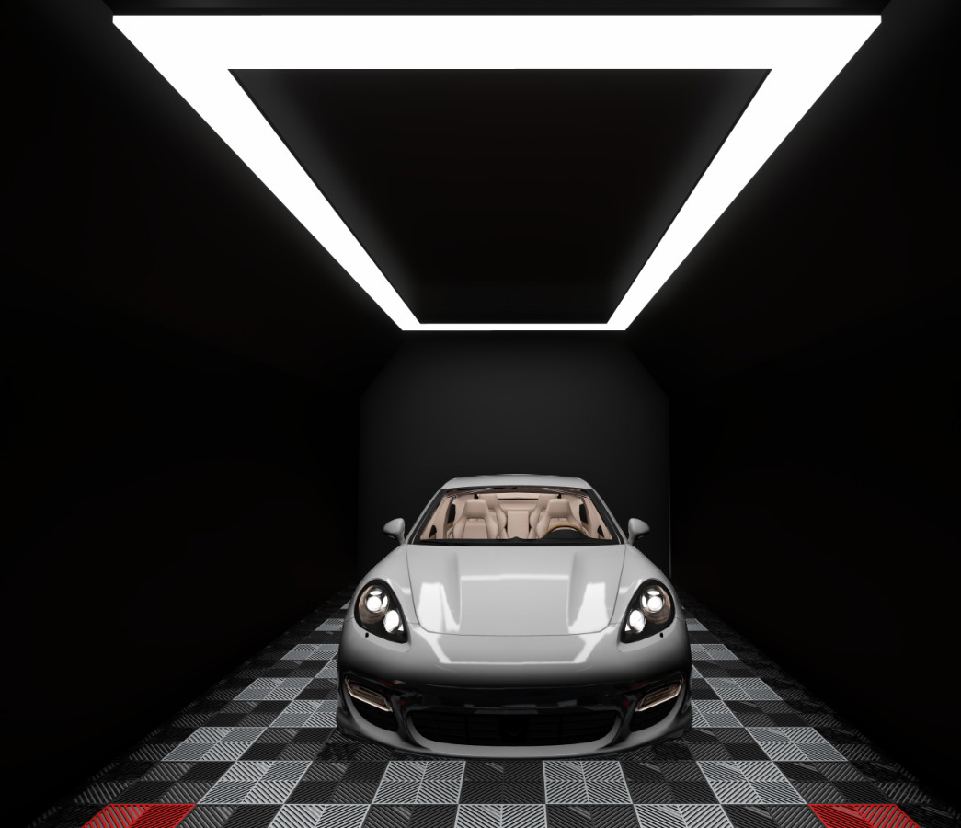 Premium garage lighting setup with modular LED lights enhancing workspace illumination