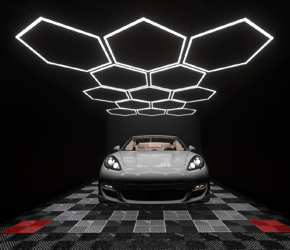 Geometric ceiling light design integrated in professional detailing studio layout