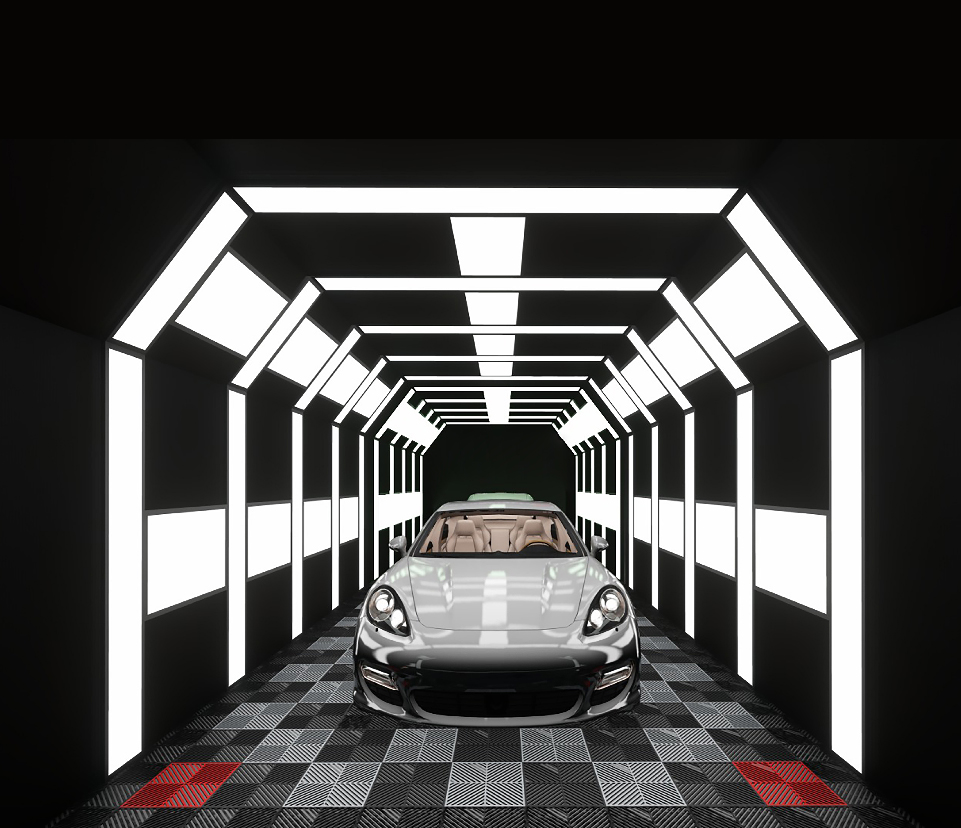 Car in LED‑lit tunnel bay showing detailing light panels overhead and along walls for precision finish