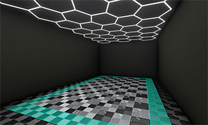 High-end detailing studio with geometric LED ceiling lights and modular flooring ready for vehicle service