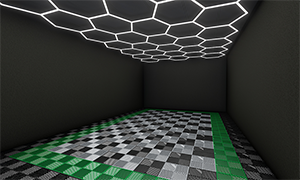 Vehicle detailing setup with vivid modular flooring and consistent overhead LED illumination