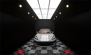 Wide-angle view of luxury garage studio featuring modern lighting setup and sleek vehicle-ready space