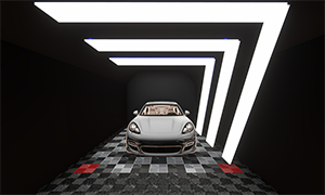 Premium car detailing studio showcasing LED wall lights and clean modular flooring in bay setup
