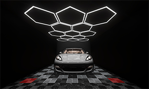 Automotive studio with precision LED lighting and clean, textured garage floor surface
