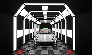 Car care studio with modern lighting and wall-mounted LED panels illuminating detailing bay