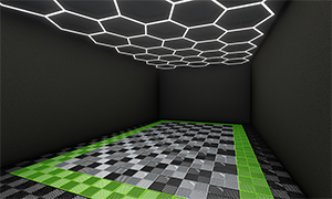 Close-up of workshop detailing bay with black-and-white checkered floor and detailing light system