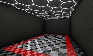 Premium car detailing studio with bright LED ceiling lights and checkered garage flooring