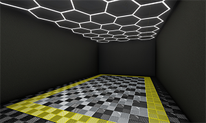 Automotive detailing garage with sporty red-accent flooring and suspended LED grid lighting